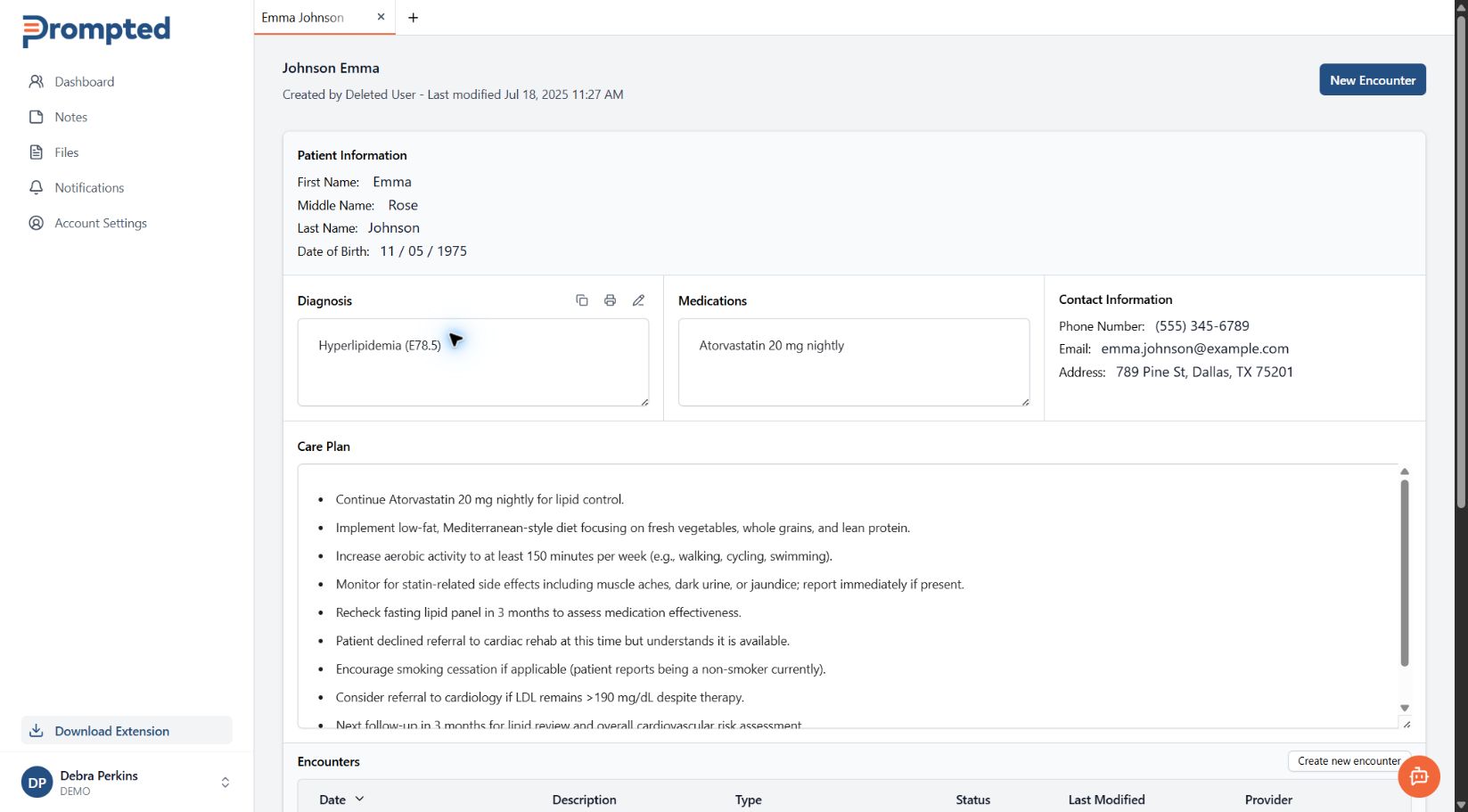 Prompted clinical workspace showing an organized patient record