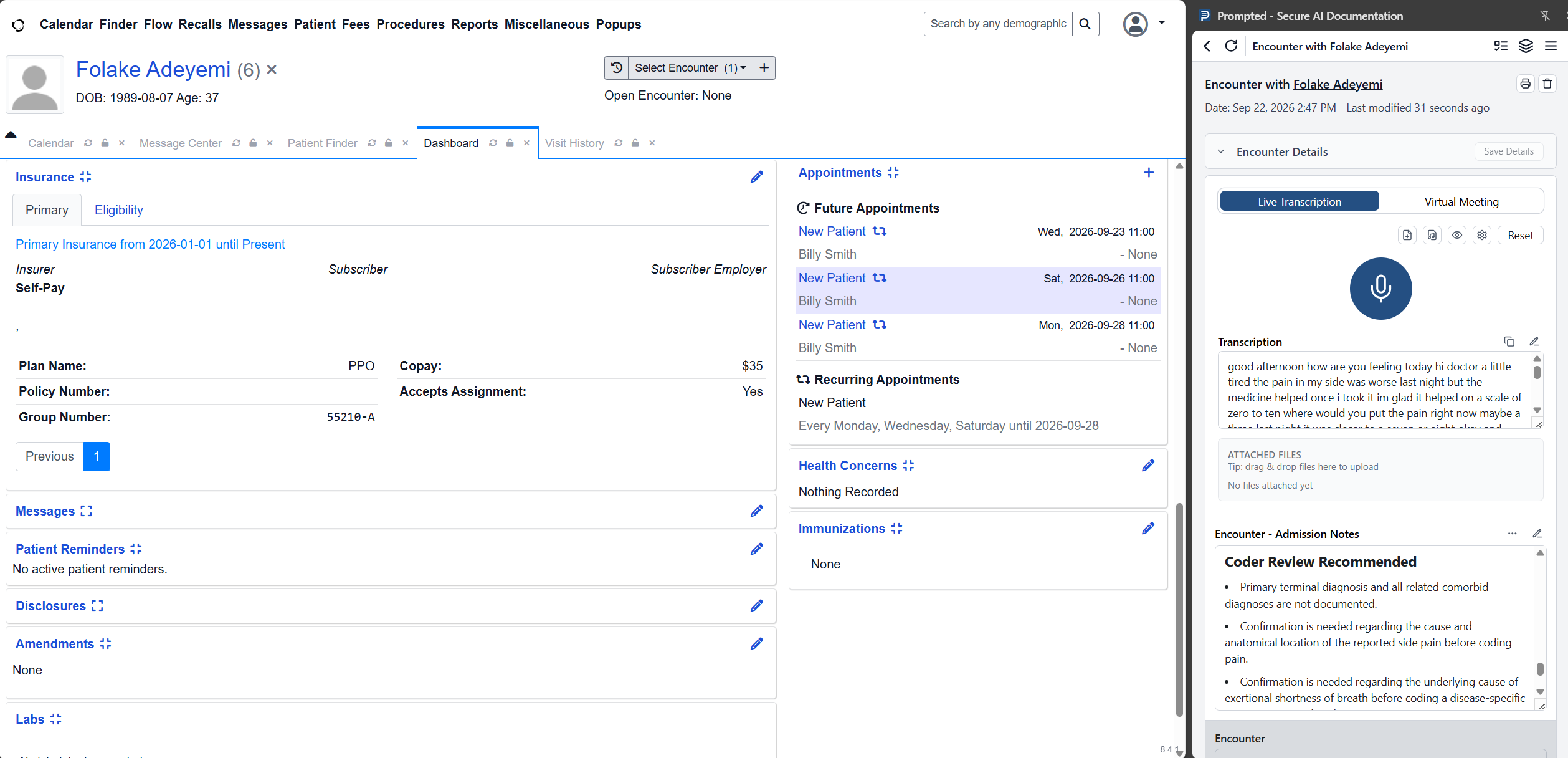 Sample OpenEMR demo dashboard on the left and the Prompted browser extension on the right